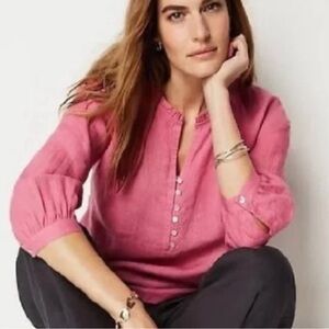 J. Jill Pink 100% Linen Blouse w/ Split Ruffle Collar Popover Front buttons Med